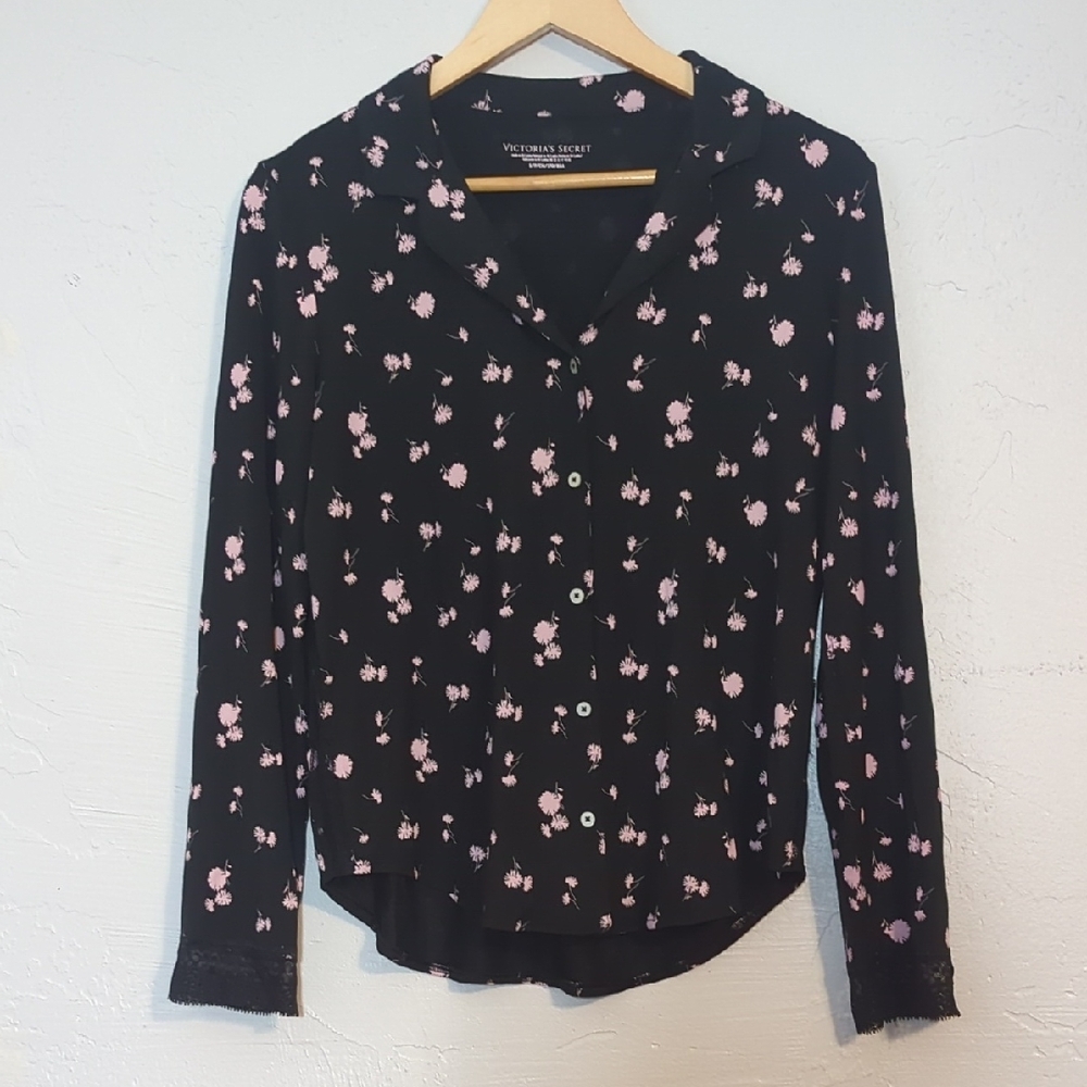 Victoria's Secret Black & Pink Soft Cute Feminine Button Down Modal Pajama Shirt